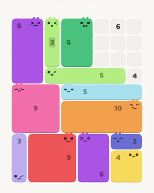 MeowBlock Level 87 after step 12, placing the 6-cell rectangular block at the upper center