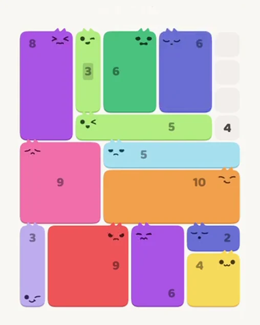 MeowBlock Level 87 after step 13, placing the 6-cell rectangular block at the upper-right area