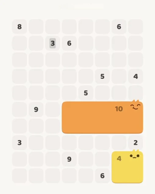 MeowBlock Level 87 after step 2, placing the 10-cell rectangular block at the middle-right area