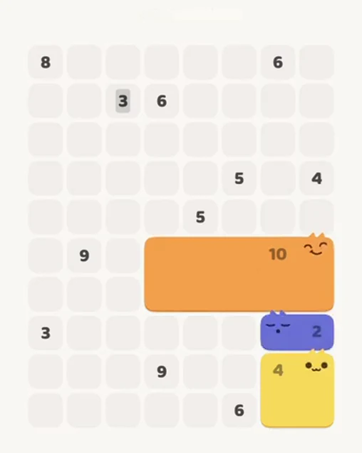 MeowBlock Level 87 after step 3, placing the 2-cell horizontal block at the lower-right area