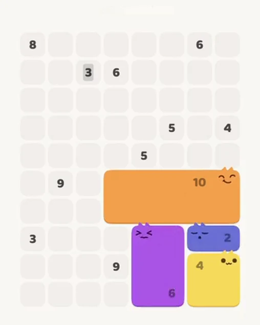 MeowBlock Level 87 after step 4, placing the 6-cell rectangular block at the lower-right area