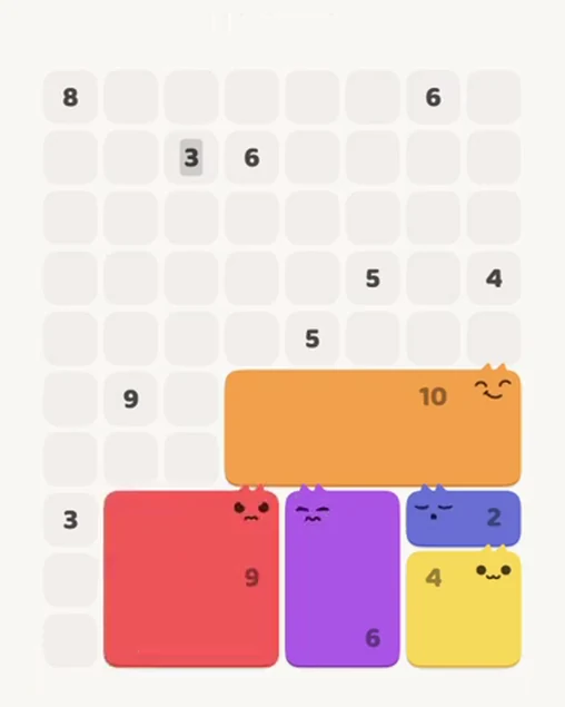 MeowBlock Level 87 after step 5, placing the 9-cell square block at the lower center