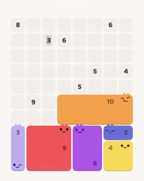 MeowBlock Level 87 after step 6, placing the 3-cell vertical block at the lower-left area