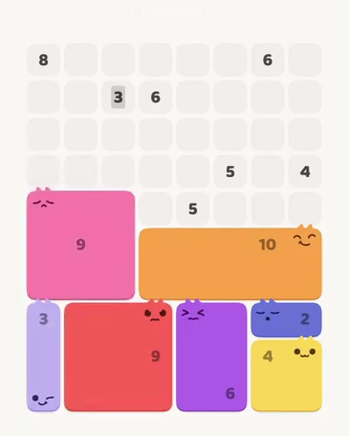 MeowBlock Level 87 after step 7, placing the 9-cell square block at the middle-left area