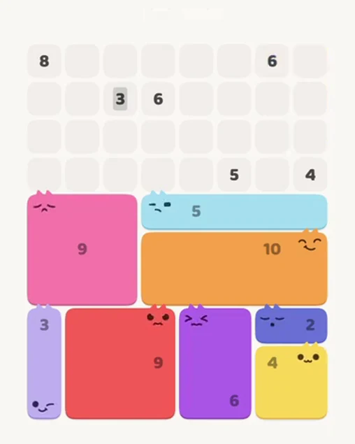 MeowBlock Level 87 after step 8, placing the 5-cell horizontal block at the middle-right area