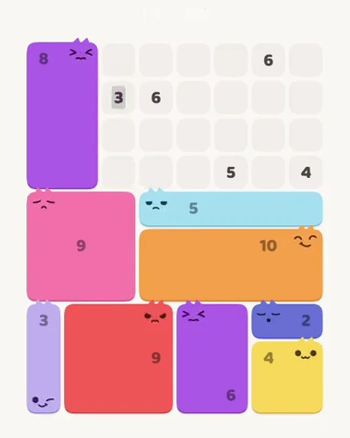 MeowBlock Level 87 after step 9, placing the 8-cell rectangular block at the upper-left area