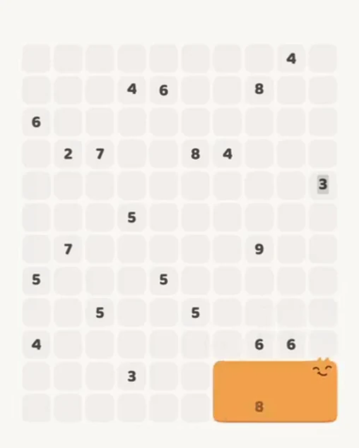 MeowBlock Level 88 after step 1, placing the 8-cell rectangular block at the lower-right area