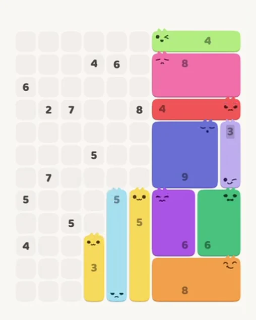 MeowBlock Level 88 after step 11, placing the 3-cell vertical block at the lower center