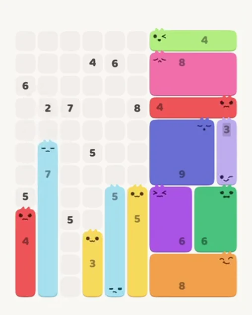 MeowBlock Level 88 after step 13, placing the 7-cell vertical block at the lower-left area