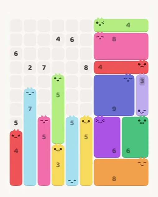 MeowBlock Level 88 after step 15, placing the 5-cell vertical block at the middle center