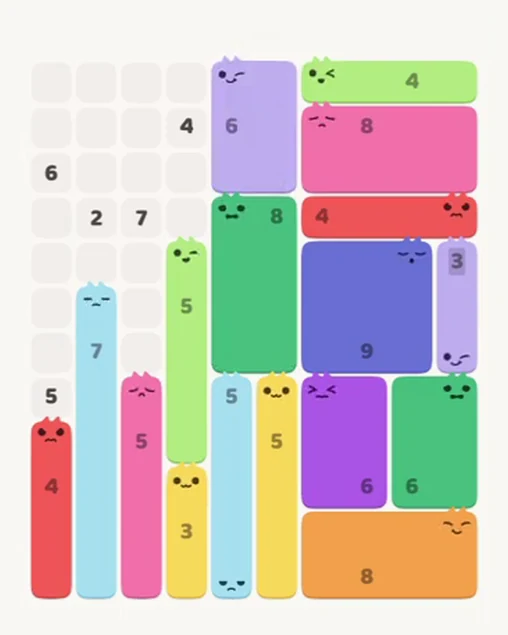 MeowBlock Level 88 after step 17, placing the 6-cell rectangular block at the upper center