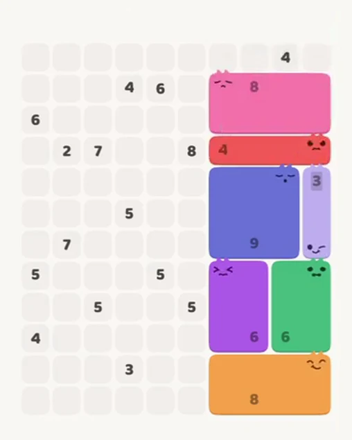 MeowBlock Level 88 after step 7, placing the 8-cell rectangular block at the upper-right area