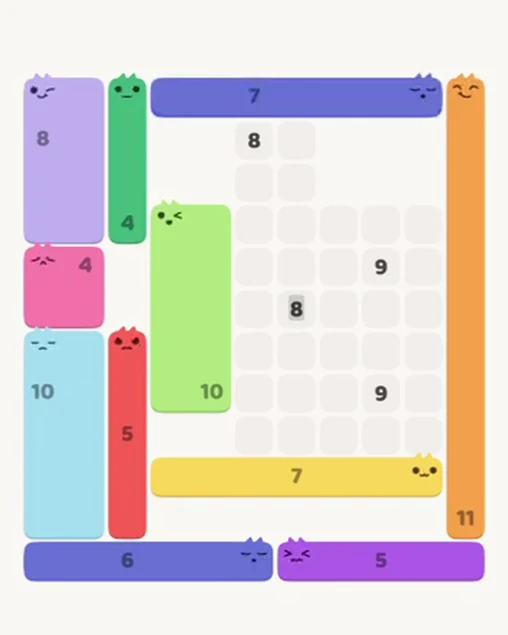 MeowBlock Level 89 after step 11, placing the 7-cell horizontal block at the upper center
