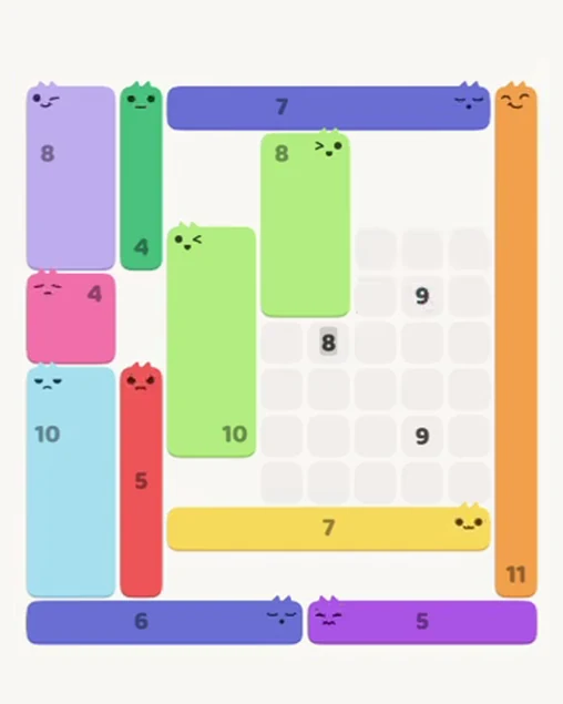 MeowBlock Level 89 after step 12, placing the 8-cell rectangular block at the upper center