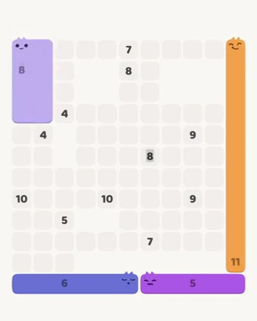 MeowBlock Level 89 after step 4, placing the 8-cell rectangular block at the upper-left area