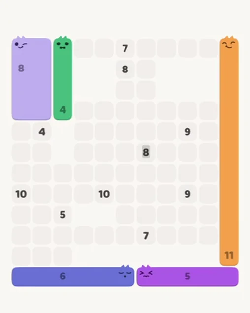 MeowBlock Level 89 after step 5, placing the 4-cell vertical block at the upper-left area