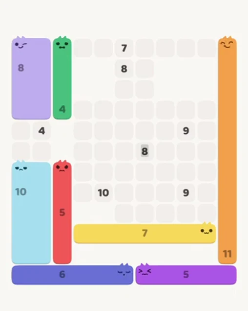 MeowBlock Level 89 after step 8, placing the 7-cell horizontal block at the lower center