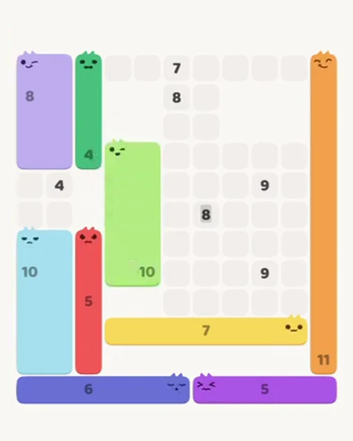 MeowBlock Level 89 after step 9, placing the 10-cell rectangular block at the middle center