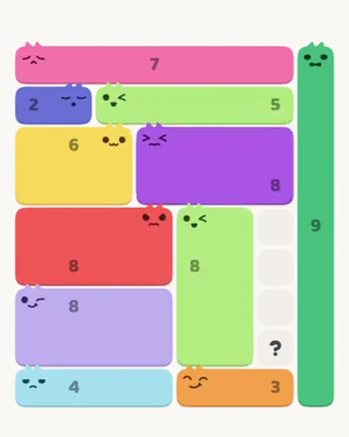 MeowBlock Level 91 after step 11, placing the 8-cell rectangular block at the lower-right area