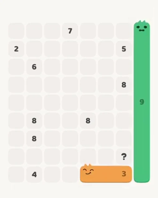 MeowBlock Level 91 after step 2, placing the 9-cell vertical block at the middle-right area