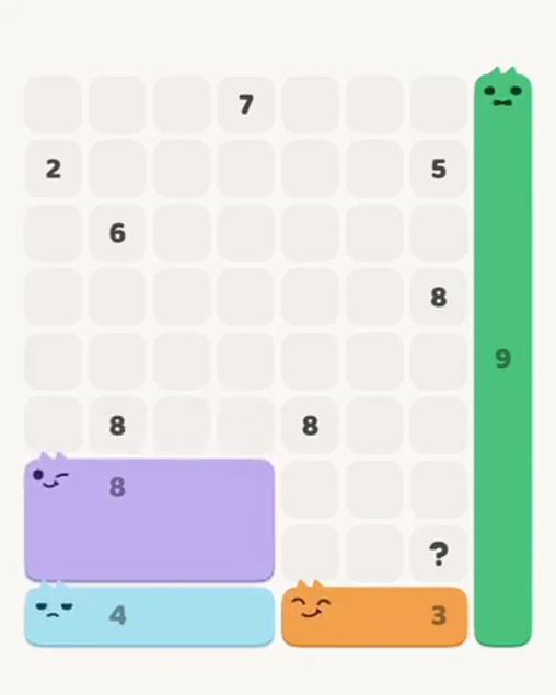 MeowBlock Level 91 after step 4, placing the 8-cell rectangular block at the lower-left area