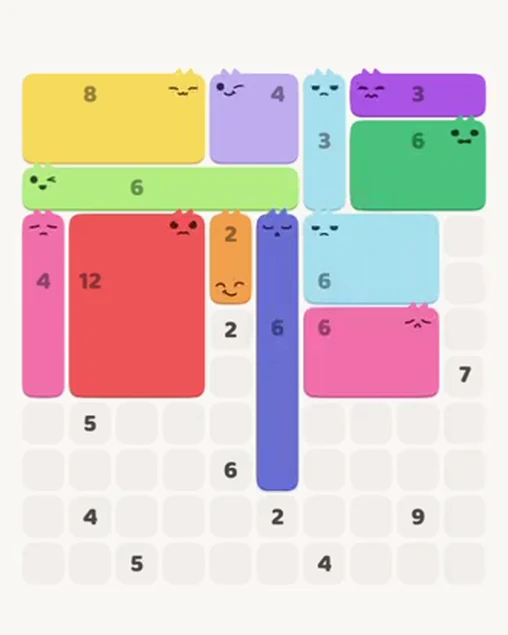 MeowBlock Level 92 after step 12, placing the 6-cell rectangular block at the middle-right area