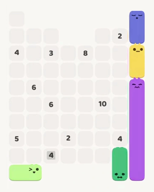 MeowBlock Level 93 after step 5, placing the 2-cell vertical block at the upper-right area