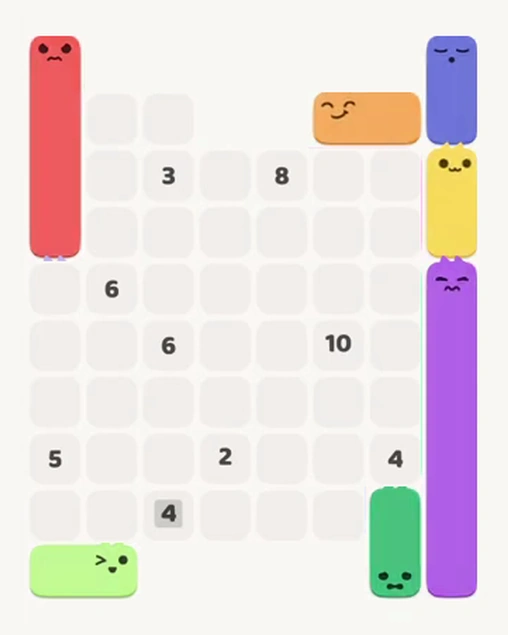 MeowBlock Level 93 after step 7, placing the 4-cell vertical block at the upper-left area
