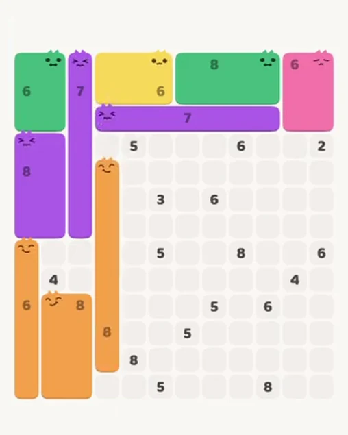 MeowBlock Level 94 after step 10, placing the 8-cell vertical block at the middle-left area