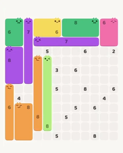MeowBlock Level 94 after step 11, placing the 8-cell vertical block at the middle center