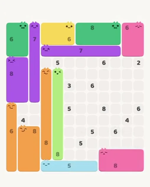 MeowBlock Level 94 after step 13, placing the 8-cell rectangular block at the lower-right area