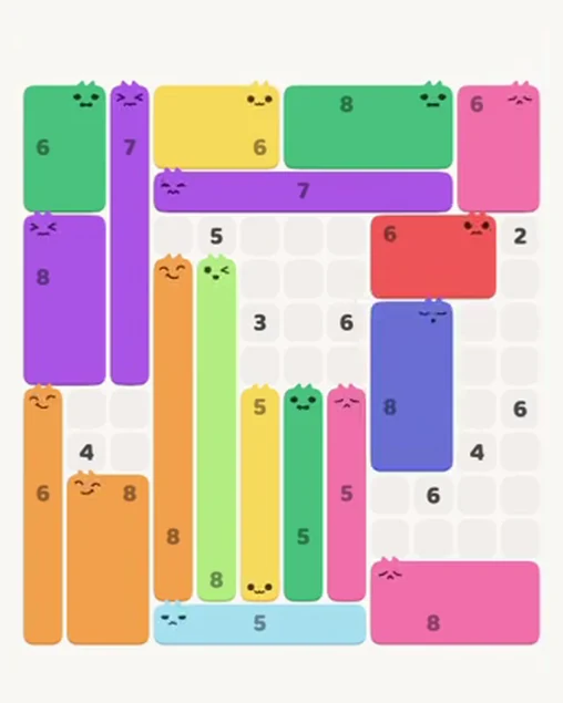 MeowBlock Level 94 after step 18, placing the 8-cell rectangular block at the middle-right area