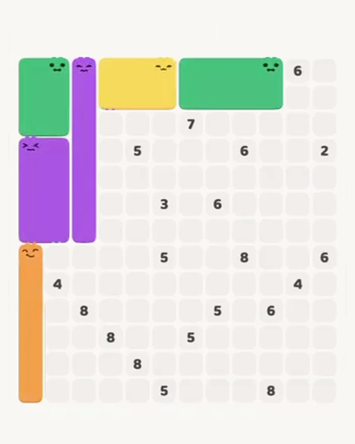 MeowBlock Level 94 after step 6, placing the 8-cell rectangular block at the upper-right area