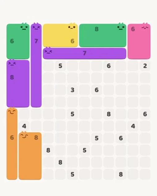 MeowBlock Level 94 after step 9, placing the 8-cell rectangular block at the lower-left area