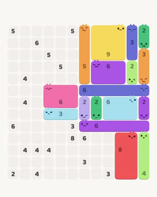 MeowBlock Level 95 after step 17, placing the 8-cell rectangular block at the lower-right area