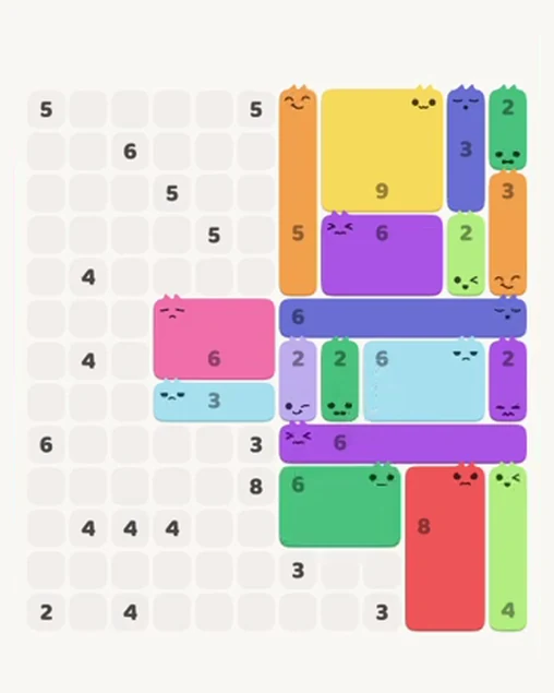 MeowBlock Level 95 after step 18, placing the 6-cell rectangular block at the lower-right area