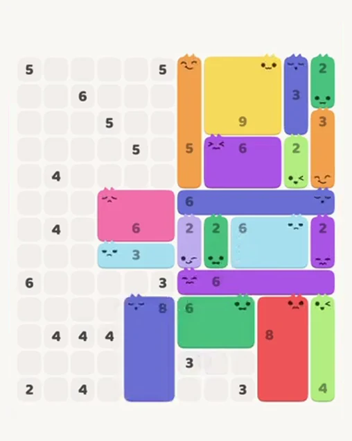 MeowBlock Level 95 after step 19, placing the 8-cell rectangular block at the lower center