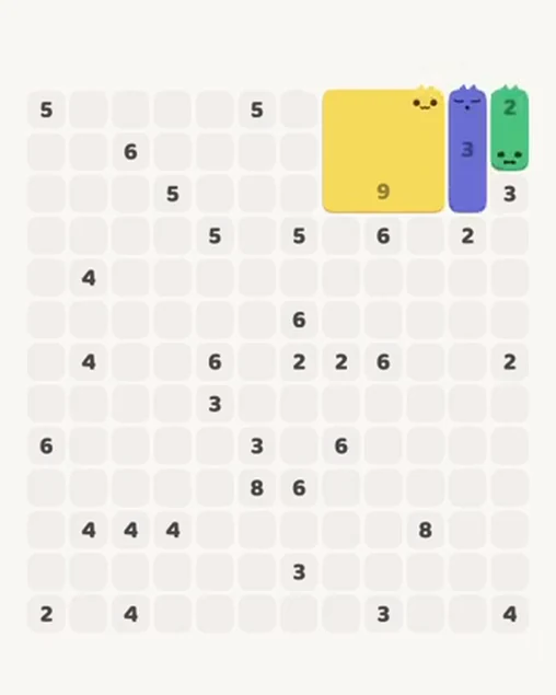 MeowBlock Level 95 after step 3, placing the 2-cell vertical block at the upper-right area