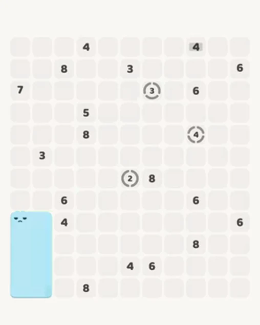MeowBlock Level 96 after step 1, placing the 8-cell rectangular block at the lower-left area