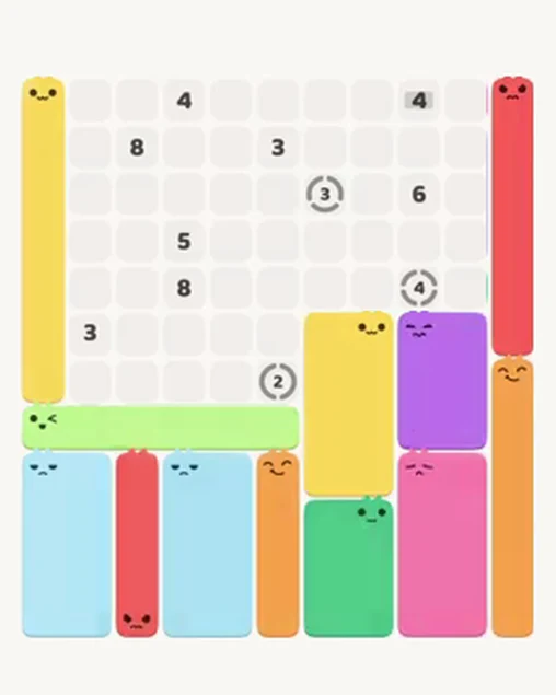 MeowBlock Level 96 after step 12, placing the 8-cell rectangular block at the middle-right area