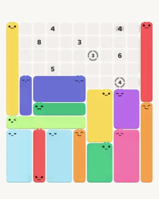 MeowBlock Level 96 after step 15, placing the 8-cell rectangular block at the middle center