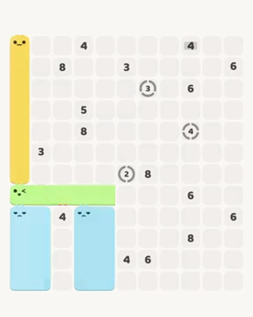 MeowBlock Level 96 after step 4, placing the 8-cell rectangular block at the lower center