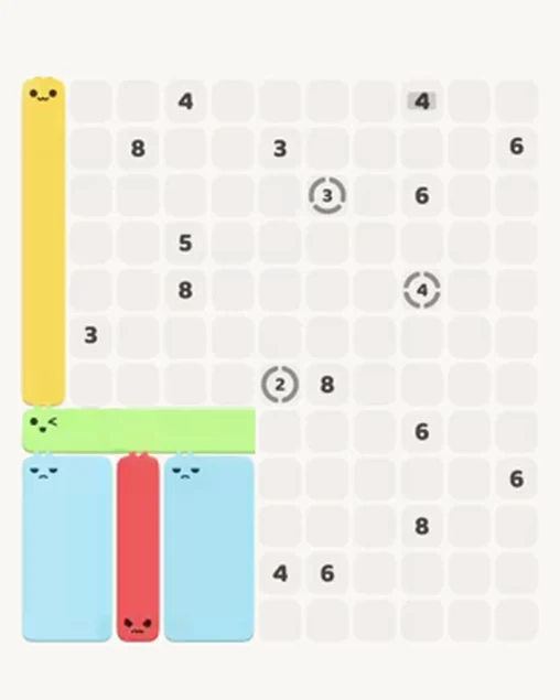MeowBlock Level 96 after step 5, placing the 4-cell vertical block at the lower-left area