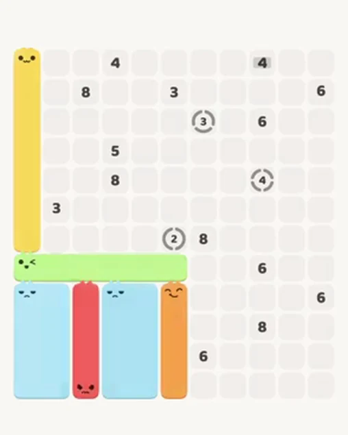 MeowBlock Level 96 after step 6, placing the 5-cell vertical block at the lower center