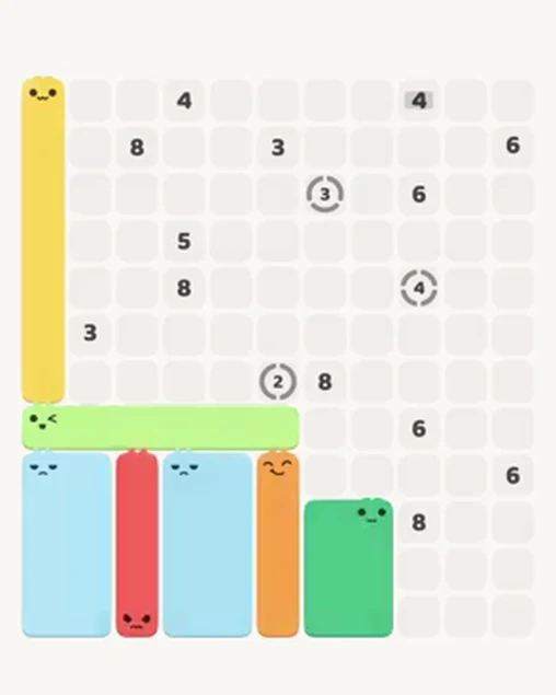 MeowBlock Level 96 after step 7, placing the 6-cell rectangular block at the lower-right area