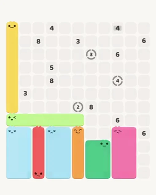 MeowBlock Level 96 after step 8, placing the 8-cell rectangular block at the lower-right area