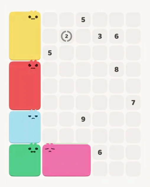 MeowBlock Level 97 after step 5, placing the 6-cell rectangular block at the lower center