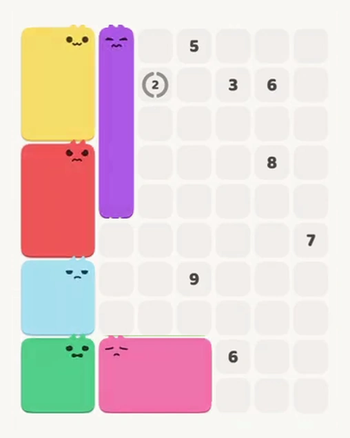 MeowBlock Level 97 after step 6, placing the 5-cell vertical block at the upper center