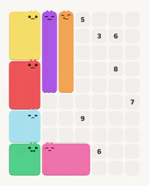 MeowBlock Level 97 after step 7, placing the 5-cell vertical block at the upper center