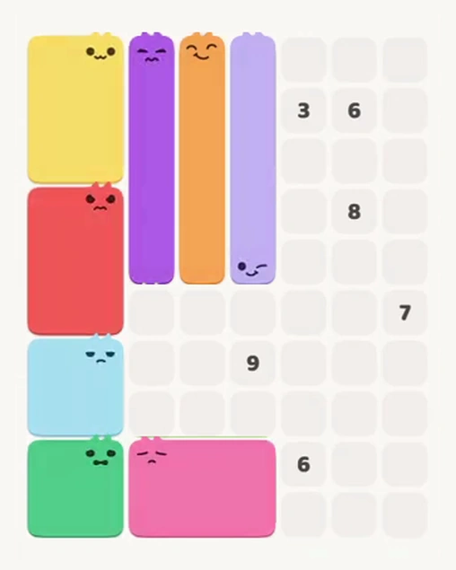 MeowBlock Level 97 after step 8, placing the 5-cell vertical block at the upper center